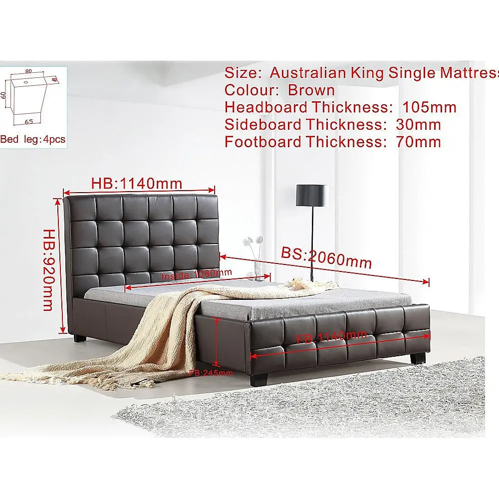 King Single Pu Leather Deluxe Bed Frame Brown Furniture > Bedroom