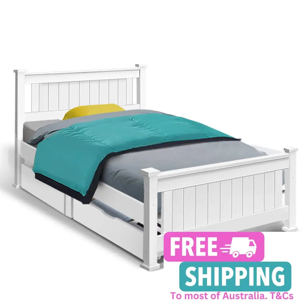 Wooden Bed Frame Timber Single Size Rio Kids Adults Storage Drawers Base Furniture > Bedroom