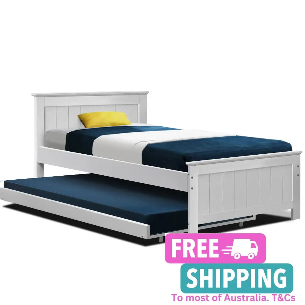 Wooden Trundle Bed Frame Timber Slat King Single Size White Furniture > Bedroom