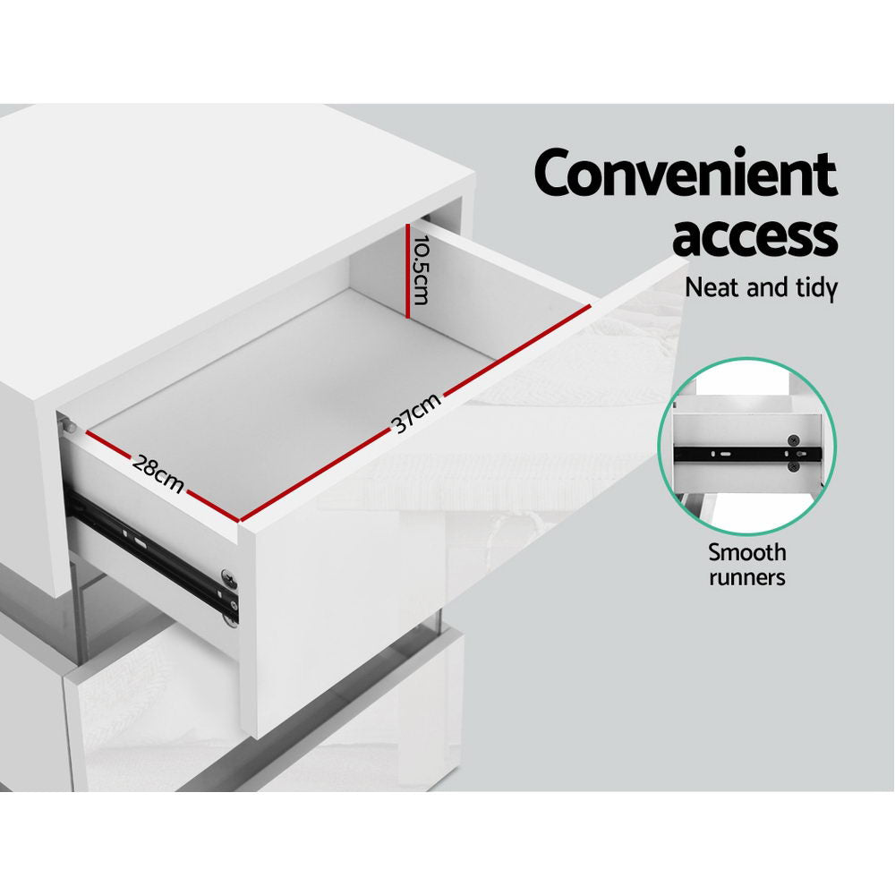 Bedside Tables Side Table RGB LED Lamp 3 Drawers Nightstand Gloss White